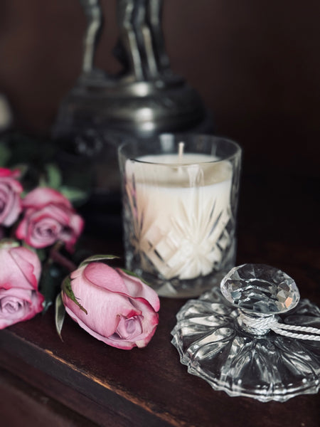 Signature candle cut crystal tumbler vintage glass lid satin tassel