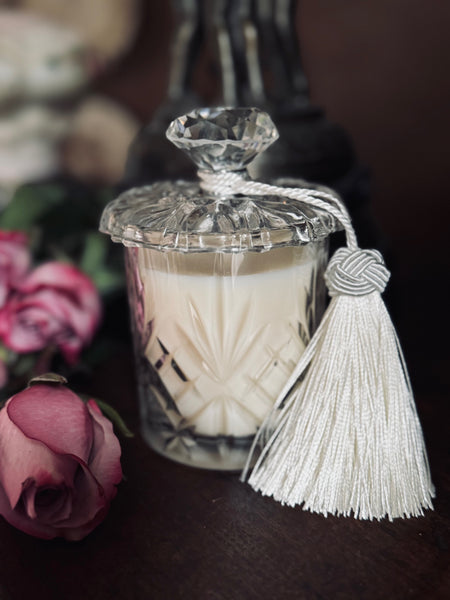 Signature candle cut crystal tumbler vintage glass lid satin tassel