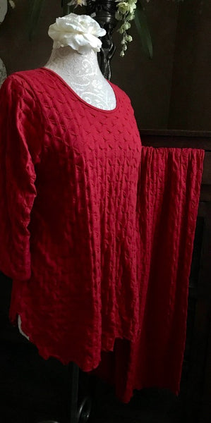 Vibrant Brights 3/4 Sleeve Long Top & Palazzos WAFFLE Cherry Red