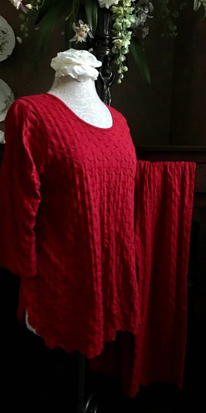 Vibrant Brights 3/4 Sleeve Long Top & Palazzos WAFFLE Cherry Red