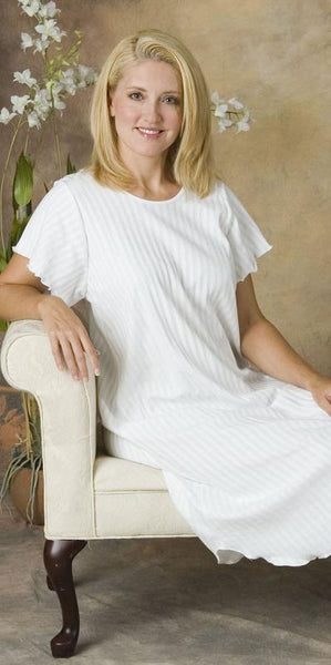 Short Sleeve 3/4 Length Nightgown with Lettuce Edge Trim, 100% Cotton Knit Shadow Stripe