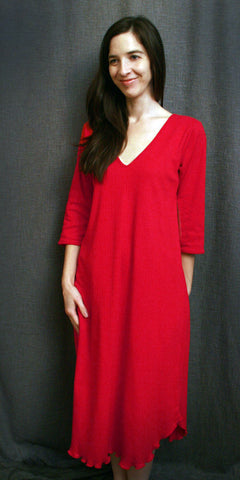 Vibrant Brights V Neck 3/4 Sleeve 3/4 Length Gown Check Collection Cherry Red
