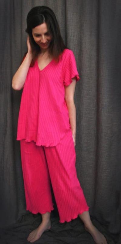 Hot Pink V Neck Short Sleeve Long Top & Palazzos Shadow Stripe Collection